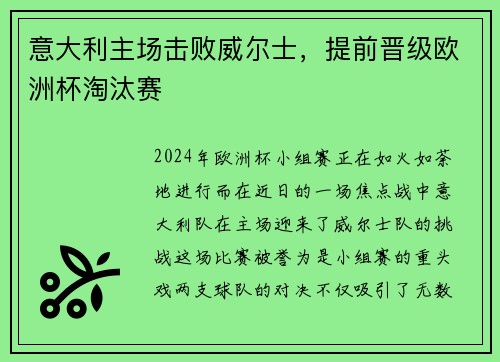 意大利主场击败威尔士，提前晋级欧洲杯淘汰赛