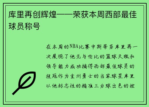 库里再创辉煌——荣获本周西部最佳球员称号