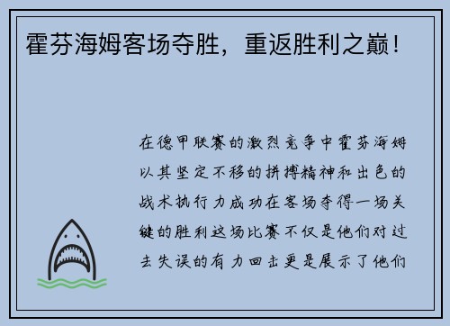 霍芬海姆客场夺胜，重返胜利之巅！